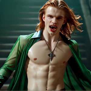 The Vampire Lestat de Lioncourt, created by Anne Rice, is a fascinating and complex character in The Vampire Chronicles novels. He's known for his captivating blend of vampiric existence and a lingering humanity. From Interview with a Vampire, The Vampire Lestat, and Queen of the Damned novels. I've created a series of images that I feel represent the man behind the vampire. In the midst of the darkness, a scary figure emerges with an aura of power and magnetism. Around his neck, a bold silver necklace glimmers, adding a touch of regal elegance to his dark ensemble. His lips, a vivid shade of red, open slightly to reveal his true nature, as he reveals his fangs, and a predatory grin from his stunningly handsome face, hinting at his primal nature. Strands of hair cascade around his face, capturing the silvery glow of the bright moonlight, and adding a touch of mystery to his intense visage, as they blow back in the wind.