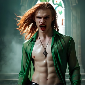 The Vampire Lestat de Lioncourt, created by Anne Rice, is a fascinating and complex character in The Vampire Chronicles novels. He's known for his captivating blend of vampiric existence and a lingering humanity. From Interview with a Vampire, The Vampire Lestat, and Queen of the Damned novels. I've created a series of images that I feel represent the man behind the vampire. In the midst of the darkness, a scary figure emerges with an aura of power and magnetism. Around his neck, a bold silver necklace glimmers, adding a touch of regal elegance to his dark ensemble. His lips, a vivid shade of red, open slightly to reveal his true nature, as he reveals his fangs, and a predatory grin from his stunningly handsome face, hinting at his primal nature. Strands of hair cascade around his face, capturing the silvery glow of the bright moonlight, and adding a touch of mystery to his intense visage, as they blow back in the wind.