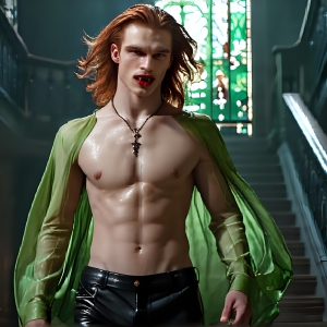 The Vampire Lestat de Lioncourt, created by Anne Rice, is a fascinating and complex character in The Vampire Chronicles novels. He's known for his captivating blend of vampiric existence and a lingering humanity. From Interview with a Vampire, The Vampire Lestat, and Queen of the Damned novels. I've created a series of images that I feel represent the man behind the vampire. In the midst of the darkness, a scary figure emerges with an aura of power and magnetism. Around his neck, a bold silver necklace glimmers, adding a touch of regal elegance to his dark ensemble. His lips, a vivid shade of red, open slightly to reveal his true nature, as he reveals his fangs, and a predatory grin from his stunningly handsome face, hinting at his primal nature. Strands of hair cascade around his face, capturing the silvery glow of the bright moonlight, and adding a touch of mystery to his intense visage, as they blow back in the wind.