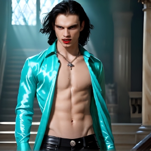 The Vampire Lestat de Lioncourt, created by Anne Rice, is a fascinating and complex character in The Vampire Chronicles novels. He's known for his captivating blend of vampiric existence and a lingering humanity. From Interview with a Vampire, The Vampire Lestat, and Queen of the Damned novels. I've created a series of images that I feel represent the man behind the vampire. In the midst of the darkness, a scary figure emerges with an aura of power and magnetism. Around his neck, a bold silver necklace glimmers, adding a touch of regal elegance to his dark ensemble. His lips, a vivid shade of red, open slightly to reveal his true nature, as he reveals his fangs, and a predatory grin from his stunningly handsome face, hinting at his primal nature. Strands of hair cascade around his face, capturing the silvery glow of the bright moonlight, and adding a touch of mystery to his intense visage, as they blow back in the wind.