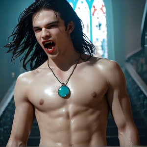 The Vampire Lestat de Lioncourt, created by Anne Rice, is a fascinating and complex character in The Vampire Chronicles novels. He's known for his captivating blend of vampiric existence and a lingering humanity. From Interview with a Vampire, The Vampire Lestat, and Queen of the Damned novels. I've created a series of images that I feel represent the man behind the vampire. In the midst of the darkness, a scary figure emerges with an aura of power and magnetism. Around his neck, a bold silver necklace glimmers, adding a touch of regal elegance to his dark ensemble. His lips, a vivid shade of red, open slightly to reveal his true nature, as he reveals his fangs, and a predatory grin from his stunningly handsome face, hinting at his primal nature. Strands of hair cascade around his face, capturing the silvery glow of the bright moonlight, and adding a touch of mystery to his intense visage, as they blow back in the wind.