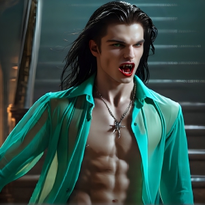 The Vampire Lestat de Lioncourt, created by Anne Rice, is a fascinating and complex character in The Vampire Chronicles novels. He's known for his captivating blend of vampiric existence and a lingering humanity. From Interview with a Vampire, The Vampire Lestat, and Queen of the Damned novels. I've created a series of images that I feel represent the man behind the vampire. In the midst of the darkness, a scary figure emerges with an aura of power and magnetism. Around his neck, a bold silver necklace glimmers, adding a touch of regal elegance to his dark ensemble. His lips, a vivid shade of red, open slightly to reveal his true nature, as he reveals his fangs, and a predatory grin from his stunningly handsome face, hinting at his primal nature. Strands of hair cascade around his face, capturing the silvery glow of the bright moonlight, and adding a touch of mystery to his intense visage, as they blow back in the wind.