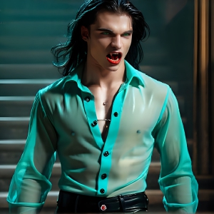 The Vampire Lestat de Lioncourt, created by Anne Rice, is a fascinating and complex character in The Vampire Chronicles novels. He's known for his captivating blend of vampiric existence and a lingering humanity. From Interview with a Vampire, The Vampire Lestat, and Queen of the Damned novels. I've created a series of images that I feel represent the man behind the vampire. In the midst of the darkness, a scary figure emerges with an aura of power and magnetism. Around his neck, a bold silver necklace glimmers, adding a touch of regal elegance to his dark ensemble. His lips, a vivid shade of red, open slightly to reveal his true nature, as he reveals his fangs, and a predatory grin from his stunningly handsome face, hinting at his primal nature. Strands of hair cascade around his face, capturing the silvery glow of the bright moonlight, and adding a touch of mystery to his intense visage, as they blow back in the wind.