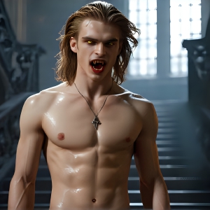 The Vampire Lestat de Lioncourt, created by Anne Rice, is a fascinating and complex character in The Vampire Chronicles novels. He's known for his captivating blend of vampiric existence and a lingering humanity. From Interview with a Vampire, The Vampire Lestat, and Queen of the Damned novels. I've created a series of images that I feel represent the man behind the vampire. In the midst of the darkness, a scary figure emerges with an aura of power and magnetism. Around his neck, a bold silver necklace glimmers, adding a touch of regal elegance to his dark ensemble. His lips, a vivid shade of red, open slightly to reveal his true nature, as he reveals his fangs, and a predatory grin from his stunningly handsome face, hinting at his primal nature. Strands of hair cascade around his face, capturing the silvery glow of the bright moonlight, and adding a touch of mystery to his intense visage, as they blow back in the wind.