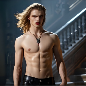 The Vampire Lestat de Lioncourt, created by Anne Rice, is a fascinating and complex character in The Vampire Chronicles novels. He's known for his captivating blend of vampiric existence and a lingering humanity. From Interview with a Vampire, The Vampire Lestat, and Queen of the Damned novels. I've created a series of images that I feel represent the man behind the vampire. In the midst of the darkness, a scary figure emerges with an aura of power and magnetism. Around his neck, a bold silver necklace glimmers, adding a touch of regal elegance to his dark ensemble. His lips, a vivid shade of red, open slightly to reveal his true nature, as he reveals his fangs, and a predatory grin from his stunningly handsome face, hinting at his primal nature. Strands of hair cascade around his face, capturing the silvery glow of the bright moonlight, and adding a touch of mystery to his intense visage, as they blow back in the wind.