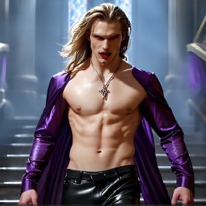 The Vampire Lestat de Lioncourt, created by Anne Rice, is a fascinating and complex character in The Vampire Chronicles novels. He's known for his captivating blend of vampiric existence and a lingering humanity. From Interview with a Vampire, The Vampire Lestat, and Queen of the Damned novels. I've created a series of images that I feel represent the man behind the vampire. In the midst of the darkness, a scary figure emerges with an aura of power and magnetism. Around his neck, a bold silver necklace glimmers, adding a touch of regal elegance to his dark ensemble. His lips, a vivid shade of red, open slightly to reveal his true nature, as he reveals his fangs, and a predatory grin from his stunningly handsome face, hinting at his primal nature. Strands of hair cascade around his face, capturing the silvery glow of the bright moonlight, and adding a touch of mystery to his intense visage, as they blow back in the wind.