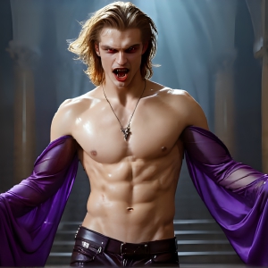 The Vampire Lestat de Lioncourt, created by Anne Rice, is a fascinating and complex character in The Vampire Chronicles novels. He's known for his captivating blend of vampiric existence and a lingering humanity. From Interview with a Vampire, The Vampire Lestat, and Queen of the Damned novels. I've created a series of images that I feel represent the man behind the vampire. In the midst of the darkness, a scary figure emerges with an aura of power and magnetism. Around his neck, a bold silver necklace glimmers, adding a touch of regal elegance to his dark ensemble. His lips, a vivid shade of red, open slightly to reveal his true nature, as he reveals his fangs, and a predatory grin from his stunningly handsome face, hinting at his primal nature. Strands of hair cascade around his face, capturing the silvery glow of the bright moonlight, and adding a touch of mystery to his intense visage, as they blow back in the wind.