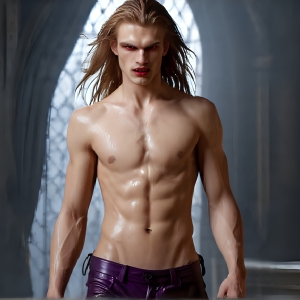 The Vampire Lestat de Lioncourt, created by Anne Rice, is a fascinating and complex character in The Vampire Chronicles novels. He's known for his captivating blend of vampiric existence and a lingering humanity. From Interview with a Vampire, The Vampire Lestat, and Queen of the Damned novels. I've created a series of images that I feel represent the man behind the vampire. In the midst of the darkness, a scary figure emerges with an aura of power and magnetism. Around his neck, a bold silver necklace glimmers, adding a touch of regal elegance to his dark ensemble. His lips, a vivid shade of red, open slightly to reveal his true nature, as he reveals his fangs, and a predatory grin from his stunningly handsome face, hinting at his primal nature. Strands of hair cascade around his face, capturing the silvery glow of the bright moonlight, and adding a touch of mystery to his intense visage, as they blow back in the wind.