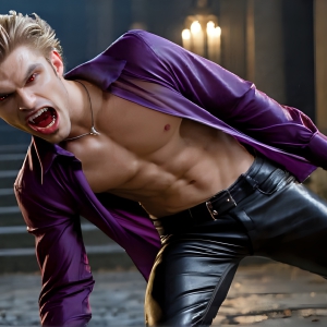 The Vampire Lestat de Lioncourt, created by Anne Rice, is a fascinating and complex character in The Vampire Chronicles novels. He's known for his captivating blend of vampiric existence and a lingering humanity. From Interview with a Vampire, The Vampire Lestat, and Queen of the Damned novels. I've created a series of images that I feel represent the man behind the vampire. In the midst of the darkness, a scary figure emerges with an aura of power and magnetism. Around his neck, a bold silver necklace glimmers, adding a touch of regal elegance to his dark ensemble. His lips, a vivid shade of red, open slightly to reveal his true nature, as he reveals his fangs, and a predatory grin from his stunningly handsome face, hinting at his primal nature. Strands of hair cascade around his face, capturing the silvery glow of the bright moonlight, and adding a touch of mystery to his intense visage, as they blow back in the wind.