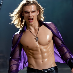 The Vampire Lestat de Lioncourt, created by Anne Rice, is a fascinating and complex character in The Vampire Chronicles novels. He's known for his captivating blend of vampiric existence and a lingering humanity. From Interview with a Vampire, The Vampire Lestat, and Queen of the Damned novels. I've created a series of images that I feel represent the man behind the vampire. In the midst of the darkness, a scary figure emerges with an aura of power and magnetism. Around his neck, a bold silver necklace glimmers, adding a touch of regal elegance to his dark ensemble. His lips, a vivid shade of red, open slightly to reveal his true nature, as he reveals his fangs, and a predatory grin from his stunningly handsome face, hinting at his primal nature. Strands of hair cascade around his face, capturing the silvery glow of the bright moonlight, and adding a touch of mystery to his intense visage, as they blow back in the wind.