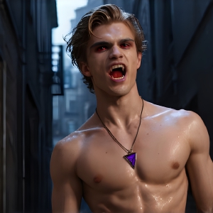 The Vampire Lestat de Lioncourt, created by Anne Rice, is a fascinating and complex character in The Vampire Chronicles novels. He's known for his captivating blend of vampiric existence and a lingering humanity. From Interview with a Vampire, The Vampire Lestat, and Queen of the Damned novels. I've created a series of images that I feel represent the man behind the vampire. In the midst of the darkness, a scary figure emerges with an aura of power and magnetism. Around his neck, a bold silver necklace glimmers, adding a touch of regal elegance to his dark ensemble. His lips, a vivid shade of red, open slightly to reveal his true nature, as he reveals his fangs, and a predatory grin from his stunningly handsome face, hinting at his primal nature. Strands of hair cascade around his face, capturing the silvery glow of the bright moonlight, and adding a touch of mystery to his intense visage, as they blow back in the wind.