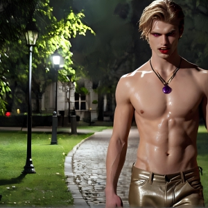 The Vampire Lestat de Lioncourt, created by Anne Rice, is a fascinating and complex character in The Vampire Chronicles novels. He's known for his captivating blend of vampiric existence and a lingering humanity. From Interview with a Vampire, The Vampire Lestat, and Queen of the Damned novels. I've created a series of images that I feel represent the man behind the vampire. In the midst of the darkness, a scary figure emerges with an aura of power and magnetism. Around his neck, a bold silver necklace glimmers, adding a touch of regal elegance to his dark ensemble. His lips, a vivid shade of red, open slightly to reveal his true nature, as he reveals his fangs, and a predatory grin from his stunningly handsome face, hinting at his primal nature. Strands of hair cascade around his face, capturing the silvery glow of the bright moonlight, and adding a touch of mystery to his intense visage, as they blow back in the wind.