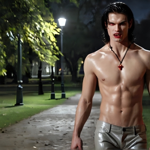 The Vampire Lestat de Lioncourt, created by Anne Rice, is a fascinating and complex character in The Vampire Chronicles novels. He's known for his captivating blend of vampiric existence and a lingering humanity. From Interview with a Vampire, The Vampire Lestat, and Queen of the Damned novels. I've created a series of images that I feel represent the man behind the vampire. In the midst of the darkness, a scary figure emerges with an aura of power and magnetism. Around his neck, a bold silver necklace glimmers, adding a touch of regal elegance to his dark ensemble. His lips, a vivid shade of red, open slightly to reveal his true nature, as he reveals his fangs, and a predatory grin from his stunningly handsome face, hinting at his primal nature. Strands of hair cascade around his face, capturing the silvery glow of the bright moonlight, and adding a touch of mystery to his intense visage, as they blow back in the wind.