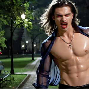 The Vampire Lestat de Lioncourt, created by Anne Rice, is a fascinating and complex character in The Vampire Chronicles novels. He's known for his captivating blend of vampiric existence and a lingering humanity. From Interview with a Vampire, The Vampire Lestat, and Queen of the Damned novels. I've created a series of images that I feel represent the man behind the vampire. In the midst of the darkness, a scary figure emerges with an aura of power and magnetism. Around his neck, a bold silver necklace glimmers, adding a touch of regal elegance to his dark ensemble. His lips, a vivid shade of red, open slightly to reveal his true nature, as he reveals his fangs, and a predatory grin from his stunningly handsome face, hinting at his primal nature. Strands of hair cascade around his face, capturing the silvery glow of the bright moonlight, and adding a touch of mystery to his intense visage, as they blow back in the wind.