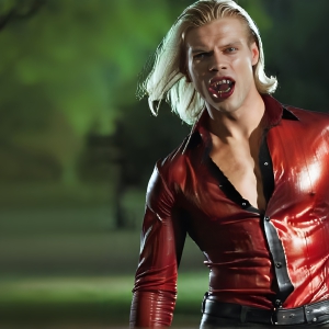 The Vampire Lestat de Lioncourt, created by Anne Rice, is a fascinating and complex character in The Vampire Chronicles novels. He's known for his captivating blend of vampiric existence and a lingering humanity. From Interview with a Vampire, The Vampire Lestat, and Queen of the Damned novels. I've created a series of images that I feel represent the man behind the vampire. In the midst of the darkness, a scary figure emerges with an aura of power and magnetism. Around his neck, a bold silver necklace glimmers, adding a touch of regal elegance to his dark ensemble. His lips, a vivid shade of red, open slightly to reveal his true nature, as he reveals his fangs, and a predatory grin from his stunningly handsome face, hinting at his primal nature. Strands of hair cascade around his face, capturing the silvery glow of the bright moonlight, and adding a touch of mystery to his intense visage, as they blow back in the wind.