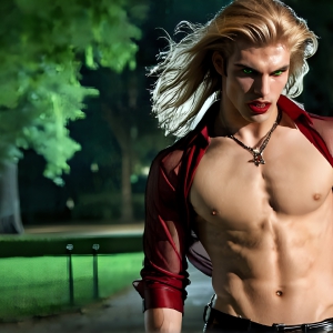 The Vampire Lestat de Lioncourt, created by Anne Rice, is a fascinating and complex character in The Vampire Chronicles novels. He's known for his captivating blend of vampiric existence and a lingering humanity. From Interview with a Vampire, The Vampire Lestat, and Queen of the Damned novels. I've created a series of images that I feel represent the man behind the vampire. In the midst of the darkness, a scary figure emerges with an aura of power and magnetism. Around his neck, a bold silver necklace glimmers, adding a touch of regal elegance to his dark ensemble. His lips, a vivid shade of red, open slightly to reveal his true nature, as he reveals his fangs, and a predatory grin from his stunningly handsome face, hinting at his primal nature. Strands of hair cascade around his face, capturing the silvery glow of the bright moonlight, and adding a touch of mystery to his intense visage, as they blow back in the wind.