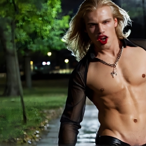 The Vampire Lestat de Lioncourt, created by Anne Rice, is a fascinating and complex character in The Vampire Chronicles novels. He's known for his captivating blend of vampiric existence and a lingering humanity. From Interview with a Vampire, The Vampire Lestat, and Queen of the Damned novels. I've created a series of images that I feel represent the man behind the vampire. In the midst of the darkness, a scary figure emerges with an aura of power and magnetism. Around his neck, a bold silver necklace glimmers, adding a touch of regal elegance to his dark ensemble. His lips, a vivid shade of red, open slightly to reveal his true nature, as he reveals his fangs, and a predatory grin from his stunningly handsome face, hinting at his primal nature. Strands of hair cascade around his face, capturing the silvery glow of the bright moonlight, and adding a touch of mystery to his intense visage, as they blow back in the wind.