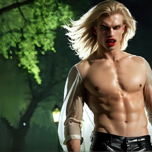 The Vampire Lestat de Lioncourt, created by Anne Rice, is a fascinating and complex character in The Vampire Chronicles novels. He's known for his captivating blend of vampiric existence and a lingering humanity. From Interview with a Vampire, The Vampire Lestat, and Queen of the Damned novels. I've created a series of images that I feel represent the man behind the vampire. In the midst of the darkness, a scary figure emerges with an aura of power and magnetism. Around his neck, a bold silver necklace glimmers, adding a touch of regal elegance to his dark ensemble. His lips, a vivid shade of red, open slightly to reveal his true nature, as he reveals his fangs, and a predatory grin from his stunningly handsome face, hinting at his primal nature. Strands of hair cascade around his face, capturing the silvery glow of the bright moonlight, and adding a touch of mystery to his intense visage, as they blow back in the wind.