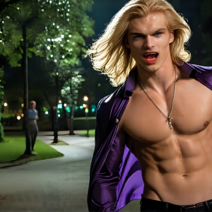 The Vampire Lestat de Lioncourt, created by Anne Rice, is a fascinating and complex character in The Vampire Chronicles novels. He's known for his captivating blend of vampiric existence and a lingering humanity. From Interview with a Vampire, The Vampire Lestat, and Queen of the Damned novels. I've created a series of images that I feel represent the man behind the vampire. In the midst of the darkness, a scary figure emerges with an aura of power and magnetism. Around his neck, a bold silver necklace glimmers, adding a touch of regal elegance to his dark ensemble. His lips, a vivid shade of red, open slightly to reveal his true nature, as he reveals his fangs, and a predatory grin from his stunningly handsome face, hinting at his primal nature. Strands of hair cascade around his face, capturing the silvery glow of the bright moonlight, and adding a touch of mystery to his intense visage, as they blow back in the wind.