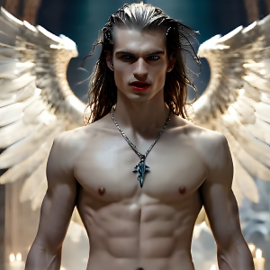 The Vampire Lestat de Lioncourt, created by Anne Rice, is a fascinating and complex character in The Vampire Chronicles novels. He's known for his captivating blend of vampiric existence and a lingering humanity. From Interview with a Vampire, The Vampire Lestat, and Queen of the Damned novels. I've created a series of images that I feel represent the man behind the vampire. In the midst of the darkness, a scary figure emerges with an aura of power and magnetism. Around his neck, a bold silver necklace glimmers, adding a touch of regal elegance to his dark ensemble. His lips, a vivid shade of red, open slightly to reveal his true nature, as he reveals his fangs, and a predatory grin from his stunningly handsome face, hinting at his primal nature. Strands of hair cascade around his face, capturing the silvery glow of the bright moonlight, and adding a touch of mystery to his intense visage, as they blow back in the wind.