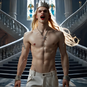 The Vampire Lestat de Lioncourt, created by Anne Rice, is a fascinating and complex character in The Vampire Chronicles novels. He's known for his captivating blend of vampiric existence and a lingering humanity. From Interview with a Vampire, The Vampire Lestat, and Queen of the Damned novels. I've created a series of images that I feel represent the man behind the vampire. In the midst of the darkness, a scary figure emerges with an aura of power and magnetism. Around his neck, a bold silver necklace glimmers, adding a touch of regal elegance to his dark ensemble. His lips, a vivid shade of red, open slightly to reveal his true nature, as he reveals his fangs, and a predatory grin from his stunningly handsome face, hinting at his primal nature. Strands of hair cascade around his face, capturing the silvery glow of the bright moonlight, and adding a touch of mystery to his intense visage, as they blow back in the wind.