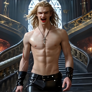 The Vampire Lestat de Lioncourt, created by Anne Rice, is a fascinating and complex character in The Vampire Chronicles novels. He's known for his captivating blend of vampiric existence and a lingering humanity. From Interview with a Vampire, The Vampire Lestat, and Queen of the Damned novels. I've created a series of images that I feel represent the man behind the vampire. In the midst of the darkness, a scary figure emerges with an aura of power and magnetism. Around his neck, a bold silver necklace glimmers, adding a touch of regal elegance to his dark ensemble. His lips, a vivid shade of red, open slightly to reveal his true nature, as he reveals his fangs, and a predatory grin from his stunningly handsome face, hinting at his primal nature. Strands of hair cascade around his face, capturing the silvery glow of the bright moonlight, and adding a touch of mystery to his intense visage, as they blow back in the wind.