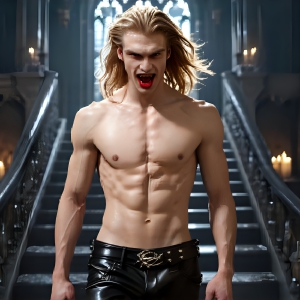 The Vampire Lestat de Lioncourt, created by Anne Rice, is a fascinating and complex character in The Vampire Chronicles novels. He's known for his captivating blend of vampiric existence and a lingering humanity. From Interview with a Vampire, The Vampire Lestat, and Queen of the Damned novels. I've created a series of images that I feel represent the man behind the vampire. In the midst of the darkness, a scary figure emerges with an aura of power and magnetism. Around his neck, a bold silver necklace glimmers, adding a touch of regal elegance to his dark ensemble. His lips, a vivid shade of red, open slightly to reveal his true nature, as he reveals his fangs, and a predatory grin from his stunningly handsome face, hinting at his primal nature. Strands of hair cascade around his face, capturing the silvery glow of the bright moonlight, and adding a touch of mystery to his intense visage, as they blow back in the wind.