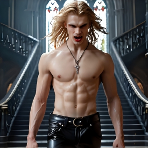 The Vampire Lestat de Lioncourt, created by Anne Rice, is a fascinating and complex character in The Vampire Chronicles novels. He's known for his captivating blend of vampiric existence and a lingering humanity. From Interview with a Vampire, The Vampire Lestat, and Queen of the Damned novels. I've created a series of images that I feel represent the man behind the vampire. In the midst of the darkness, a scary figure emerges with an aura of power and magnetism. Around his neck, a bold silver necklace glimmers, adding a touch of regal elegance to his dark ensemble. His lips, a vivid shade of red, open slightly to reveal his true nature, as he reveals his fangs, and a predatory grin from his stunningly handsome face, hinting at his primal nature. Strands of hair cascade around his face, capturing the silvery glow of the bright moonlight, and adding a touch of mystery to his intense visage, as they blow back in the wind.