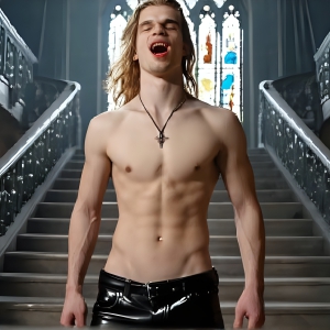 The Vampire Lestat de Lioncourt, created by Anne Rice, is a fascinating and complex character in The Vampire Chronicles novels. He's known for his captivating blend of vampiric existence and a lingering humanity. From Interview with a Vampire, The Vampire Lestat, and Queen of the Damned novels. I've created a series of images that I feel represent the man behind the vampire. In the midst of the darkness, a scary figure emerges with an aura of power and magnetism. Around his neck, a bold silver necklace glimmers, adding a touch of regal elegance to his dark ensemble. His lips, a vivid shade of red, open slightly to reveal his true nature, as he reveals his fangs, and a predatory grin from his stunningly handsome face, hinting at his primal nature. Strands of hair cascade around his face, capturing the silvery glow of the bright moonlight, and adding a touch of mystery to his intense visage, as they blow back in the wind.