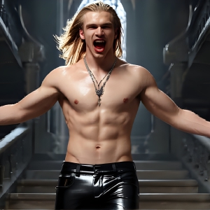 The Vampire Lestat de Lioncourt, created by Anne Rice, is a fascinating and complex character in The Vampire Chronicles novels. He's known for his captivating blend of vampiric existence and a lingering humanity. From Interview with a Vampire, The Vampire Lestat, and Queen of the Damned novels. I've created a series of images that I feel represent the man behind the vampire. In the midst of the darkness, a scary figure emerges with an aura of power and magnetism. Around his neck, a bold silver necklace glimmers, adding a touch of regal elegance to his dark ensemble. His lips, a vivid shade of red, open slightly to reveal his true nature, as he reveals his fangs, and a predatory grin from his stunningly handsome face, hinting at his primal nature. Strands of hair cascade around his face, capturing the silvery glow of the bright moonlight, and adding a touch of mystery to his intense visage, as they blow back in the wind.