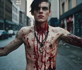 Twinkapocalypse, When Young Male Zombie Twinks, Attack. It's a zombie apocalypse, where young, handsome, freshly turned zombies, still handsome, and even sexy, wonder the city streets, looking for brains to eat. There are cars on fire, trash everywhere, chaos is in the amidst. A young man, covered with blood, dirty, with messy hair, with pale grey skin, dark circles around his eyes, and black lips, walking down a main city street. In this post-apocalyptic city, doing the classic, zombie walk, his head slightly tilted, mouth slightly opened, moaning, brains. Twinkapocalypse, When Young Male Zombie Twinks, Attack, Gallery.