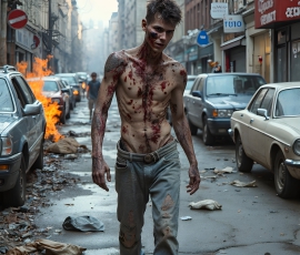 Twinkapocalypse, When Young Male Zombie Twinks, Attack. It's a zombie apocalypse, where young, handsome, freshly turned zombies, still handsome, and even sexy, wonder the city streets, looking for brains to eat. There are cars on fire, trash everywhere, chaos is in the amidst. A young man, covered with blood, dirty, with messy hair, with pale grey skin, dark circles around his eyes, and black lips, walking down a main city street. In this post-apocalyptic city, doing the classic, zombie walk, his head slightly tilted, mouth slightly opened, moaning, brains.