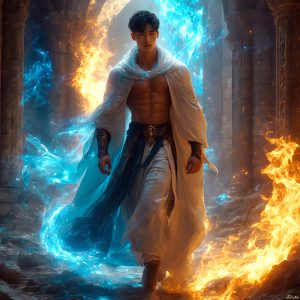 AI-generated abstract art featuring beautiful, handsome, sexy, shirtless, men, boys, lads. Fantasy, elemental mages typically have the ability to manipulate the basic elements, such as fire, water, earth, and air. This can extend to controlling sub-elements like ice, lightning, and sometimes even metal or wood.