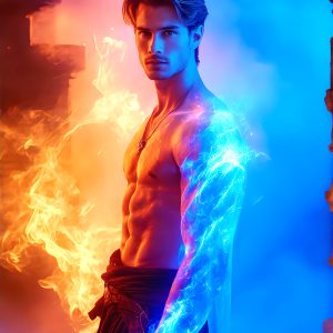 AI-generated abstract art featuring beautiful, handsome, sexy, shirtless, men, boys, lads. Fantasy, elemental mages typically have the ability to manipulate the basic elements, such as fire, water, earth, and air. This can extend to controlling sub-elements like ice, lightning, and sometimes even metal or wood.