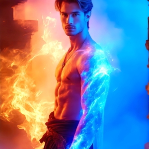 AI-generated abstract art featuring beautiful, handsome, sexy, shirtless, men, boys, lads. Fantasy, elemental mages typically have the ability to manipulate the basic elements, such as fire, water, earth, and air. This can extend to controlling sub-elements like ice, lightning, and sometimes even metal or wood.