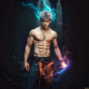 AI-generated abstract art featuring beautiful, handsome, sexy, shirtless, men, boys, lads. Fantasy, elemental mages typically have the ability to manipulate the basic elements, such as fire, water, earth, and air. This can extend to controlling sub-elements like ice, lightning, and sometimes even metal or wood.