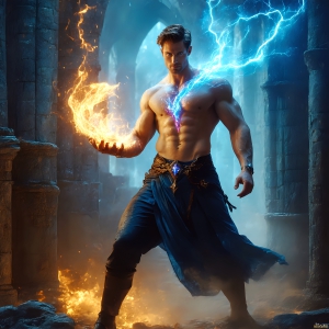 AI-generated abstract art featuring beautiful, handsome, sexy, shirtless, men, boys, lads. Fantasy, elemental mages typically have the ability to manipulate the basic elements, such as fire, water, earth, and air. This can extend to controlling sub-elements like ice, lightning, and sometimes even metal or wood.
