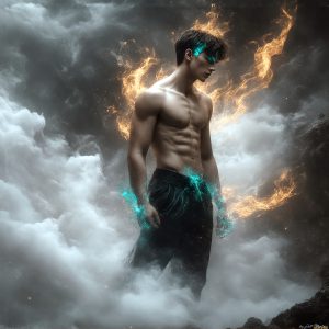 AI-generated abstract art featuring beautiful, handsome, sexy, shirtless, men, boys, lads. Fantasy, elemental mages typically have the ability to manipulate the basic elements, such as fire, water, earth, and air. This can extend to controlling sub-elements like ice, lightning, and sometimes even metal or wood.
