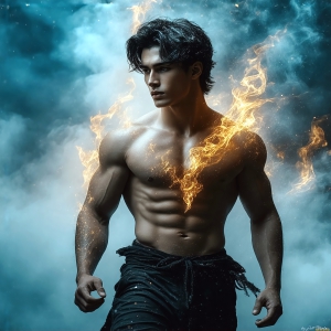 AI-generated abstract art featuring beautiful, handsome, sexy, shirtless, men, boys, lads. Fantasy, elemental mages typically have the ability to manipulate the basic elements, such as fire, water, earth, and air. This can extend to controlling sub-elements like ice, lightning, and sometimes even metal or wood.