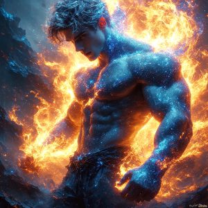 AI-generated abstract art featuring beautiful, handsome, sexy, shirtless, men, boys, lads. Fantasy, elemental mages typically have the ability to manipulate the basic elements, such as fire, water, earth, and air. This can extend to controlling sub-elements like ice, lightning, and sometimes even metal or wood.