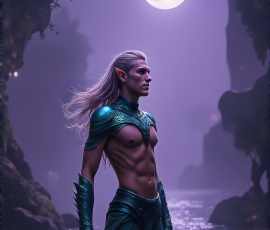 Handsome Male Elves, majestic young male elf standing in an elaborate elven background, in a dark ethereal realm. With pointed ears, wearing glamorous, luxurious, and fierce outfits is an Elven city, full of handsome, and sexy, shirtless elf men, that are adorned with shimmering, iridescent armor. Handsome Male Elves - Magic Fantasy Art