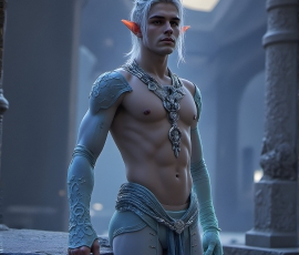 Handsome Male Elves, majestic young male elf standing in an elaborate elven background, in a dark ethereal realm. With pointed ears, wearing glamorous, luxurious, and fierce outfits is an Elven city, full of handsome, and sexy, shirtless elf men, that are adorned with shimmering, iridescent armor.