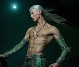 Handsome Male Elves, majestic young male elf standing in an elaborate elven background, in a dark ethereal realm. With pointed ears, wearing glamorous, luxurious, and fierce outfits is an Elven city, full of handsome, and sexy, shirtless elf men, that are adorned with shimmering, iridescent armor.