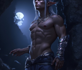 Handsome Male Elves, majestic young male elf standing in an elaborate elven background, in a dark ethereal realm. With pointed ears, wearing glamorous, luxurious, and fierce outfits is an Elven city, full of handsome, and sexy, shirtless elf men, that are adorned with shimmering, iridescent armor.