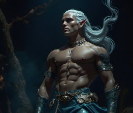 Handsome Male Elves, majestic young male elf standing in an elaborate elven background, in a dark ethereal realm. With pointed ears, wearing glamorous, luxurious, and fierce outfits is an Elven city, full of handsome, and sexy, shirtless elf men, that are adorned with shimmering, iridescent armor.