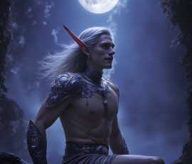 Handsome Male Elves, majestic young male elf standing in an elaborate elven background, in a dark ethereal realm. With pointed ears, wearing glamorous, luxurious, and fierce outfits is an Elven city, full of handsome, and sexy, shirtless elf men, that are adorned with shimmering, iridescent armor.