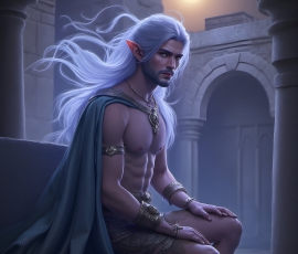 Handsome Male Elves, majestic young male elf standing in an elaborate elven background, in a dark ethereal realm. With pointed ears, wearing glamorous, luxurious, and fierce outfits is an Elven city, full of handsome, and sexy, shirtless elf men, that are adorned with shimmering, iridescent armor.