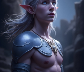 Handsome Male Elves, majestic young male elf standing in an elaborate elven background, in a dark ethereal realm. With pointed ears, wearing glamorous, luxurious, and fierce outfits is an Elven city, full of handsome, and sexy, shirtless elf men, that are adorned with shimmering, iridescent armor.