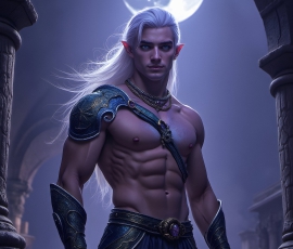 Handsome Male Elves, majestic young male elf standing in an elaborate elven background, in a dark ethereal realm. With pointed ears, wearing glamorous, luxurious, and fierce outfits is an Elven city, full of handsome, and sexy, shirtless elf men, that are adorned with shimmering, iridescent armor.