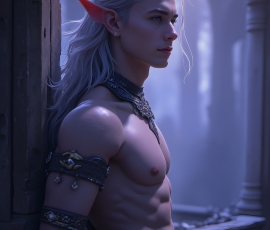 Handsome Male Elves, majestic young male elf standing in an elaborate elven background, in a dark ethereal realm. With pointed ears, wearing glamorous, luxurious, and fierce outfits is an Elven city, full of handsome, and sexy, shirtless elf men, that are adorned with shimmering, iridescent armor.